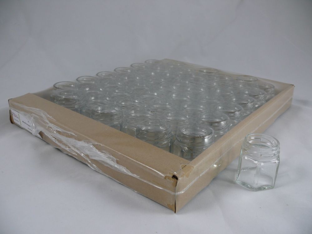 Hexagonale (6kantige) glazen pot 45ml (50gram) per 45 stuks (zonder deksel 43mm)