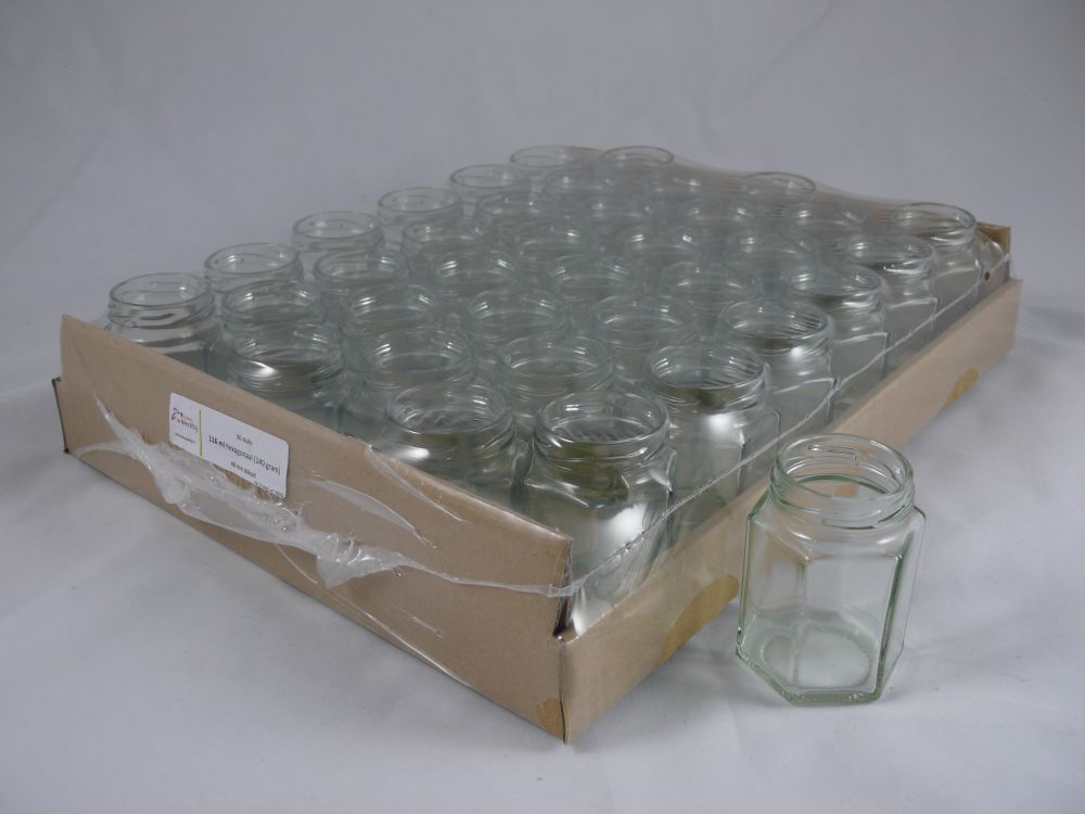 Hexagonale (6kantige) glazen pot 116 ml (140gram) per 36 stuks (zonder deksel 48mm)