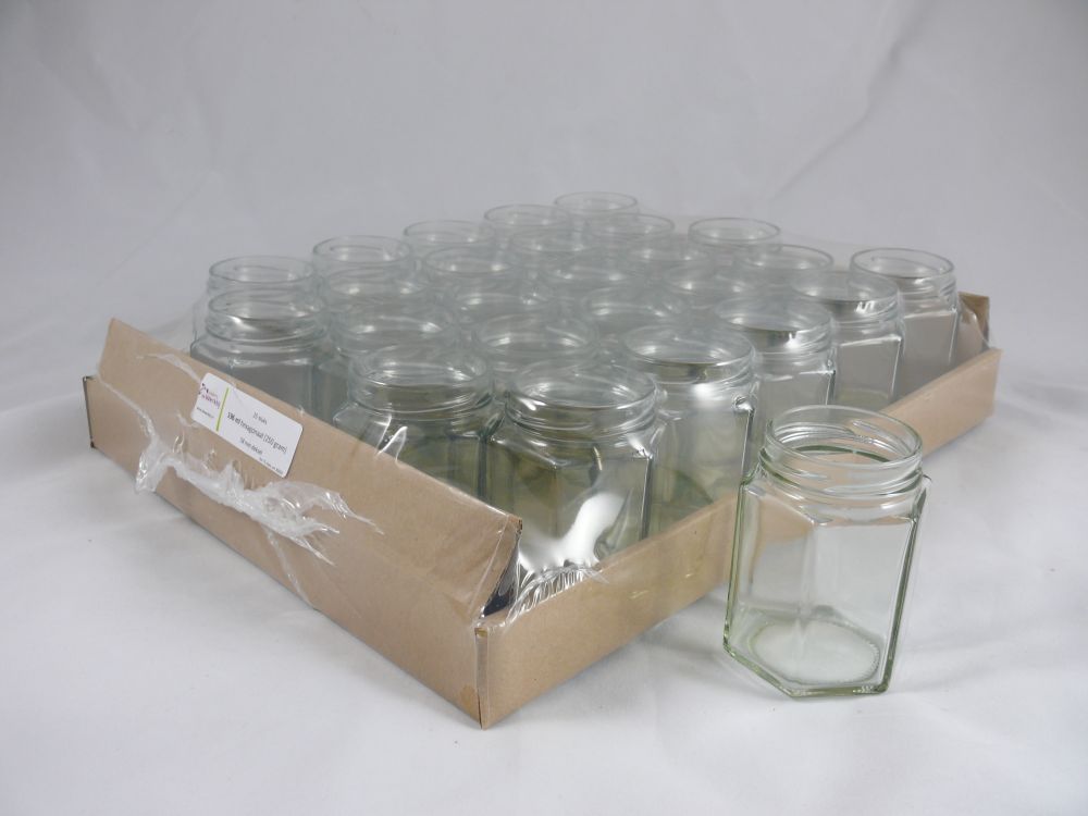 Hexagonale (6kantige) glazen pot 196ml (250gram) per 25 stuks (zonder deksel 58mm)