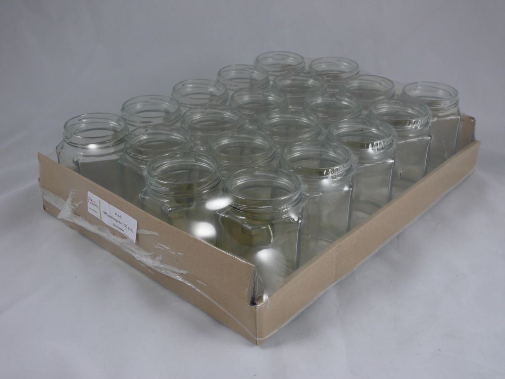 Hexagonale glazen pot 278ml (350gram) per 20 stuks (zonder deksel 63mm)