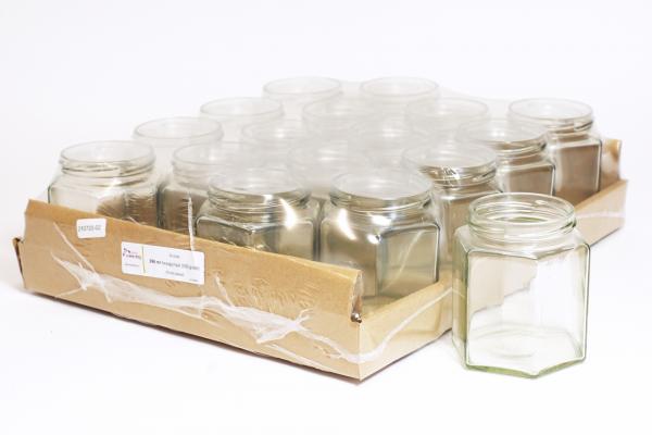 Hexagonale glazen pot 390 ml (500gr) 16 stuks (zonder deksel 70mm)