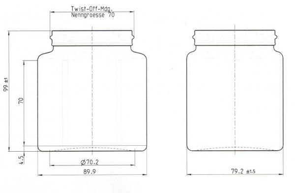 1408 hexagonale (6kantige) glazen potten in tray -zonder deksel- (70mm TO) 390 ml (500gr)