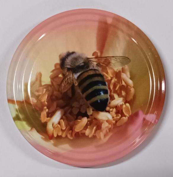 Deksel - 82mm - Bij op Bloem, zachte kleur, roze rand TO - 36 stuks